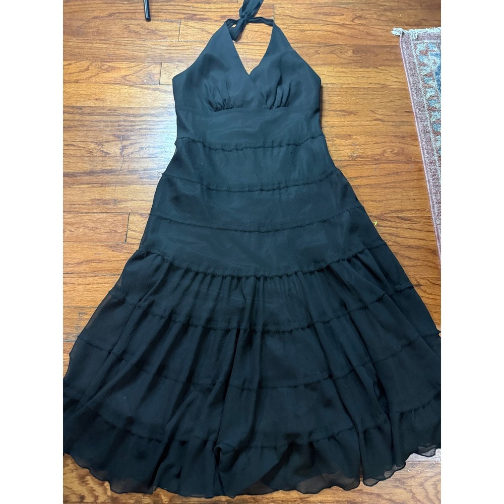 Jones & Co Black Halter Maxi Dress Tiered Ruffle Chiffon Gown Womens 10